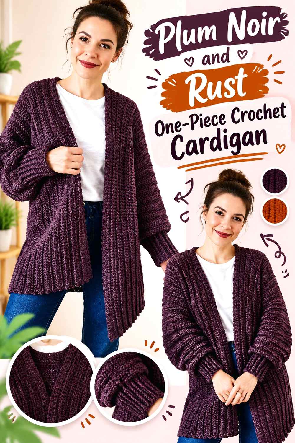 12. Plum Noir And Rust One Piece Crochet Cardigan