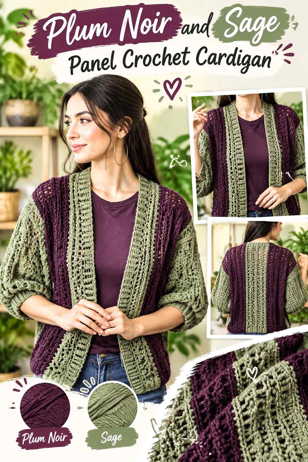 5. Plum Noir And Sage Panel Crochet Cardigan