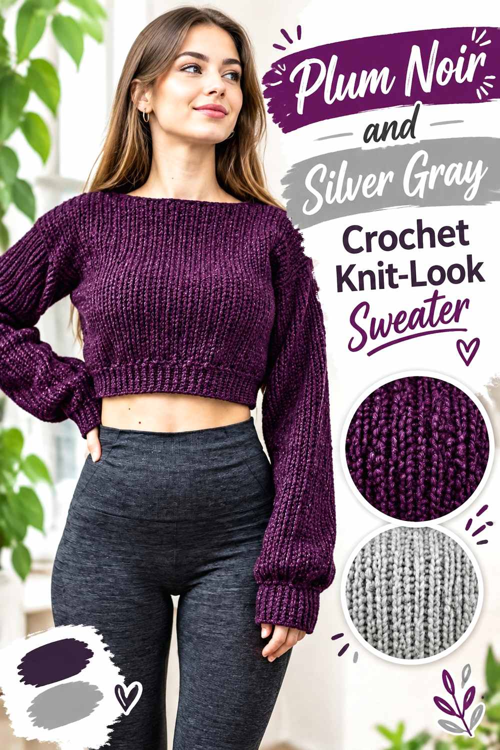 16. Plum Noir And Silver Gray Crochet Knit Look Sweater