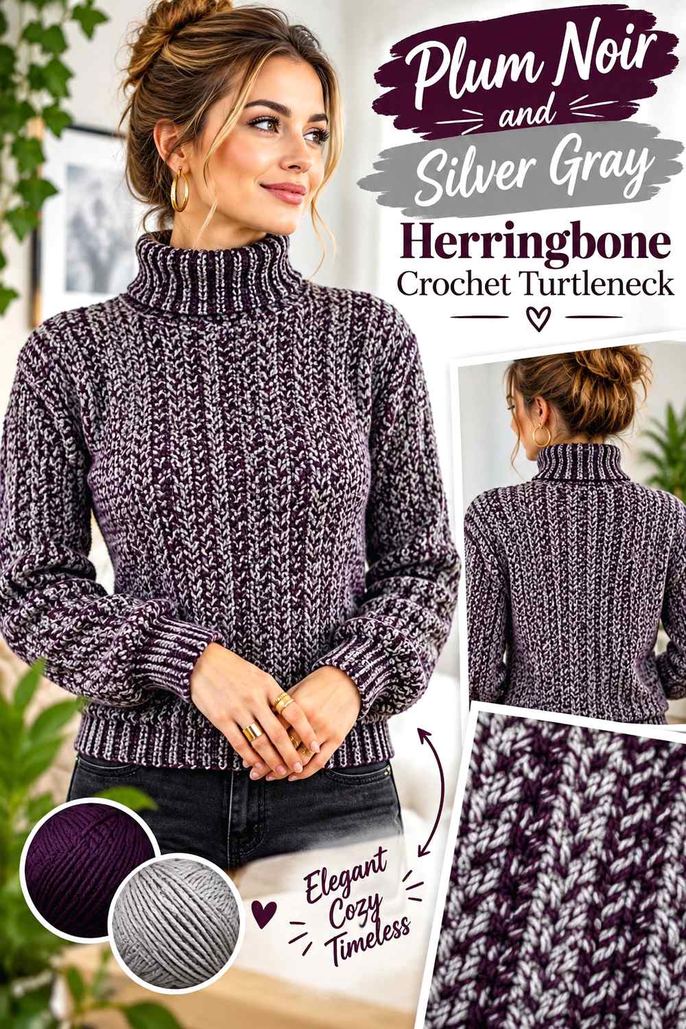 8. Plum Noir And Silver Gray Herringbone Crochet Turtleneck
