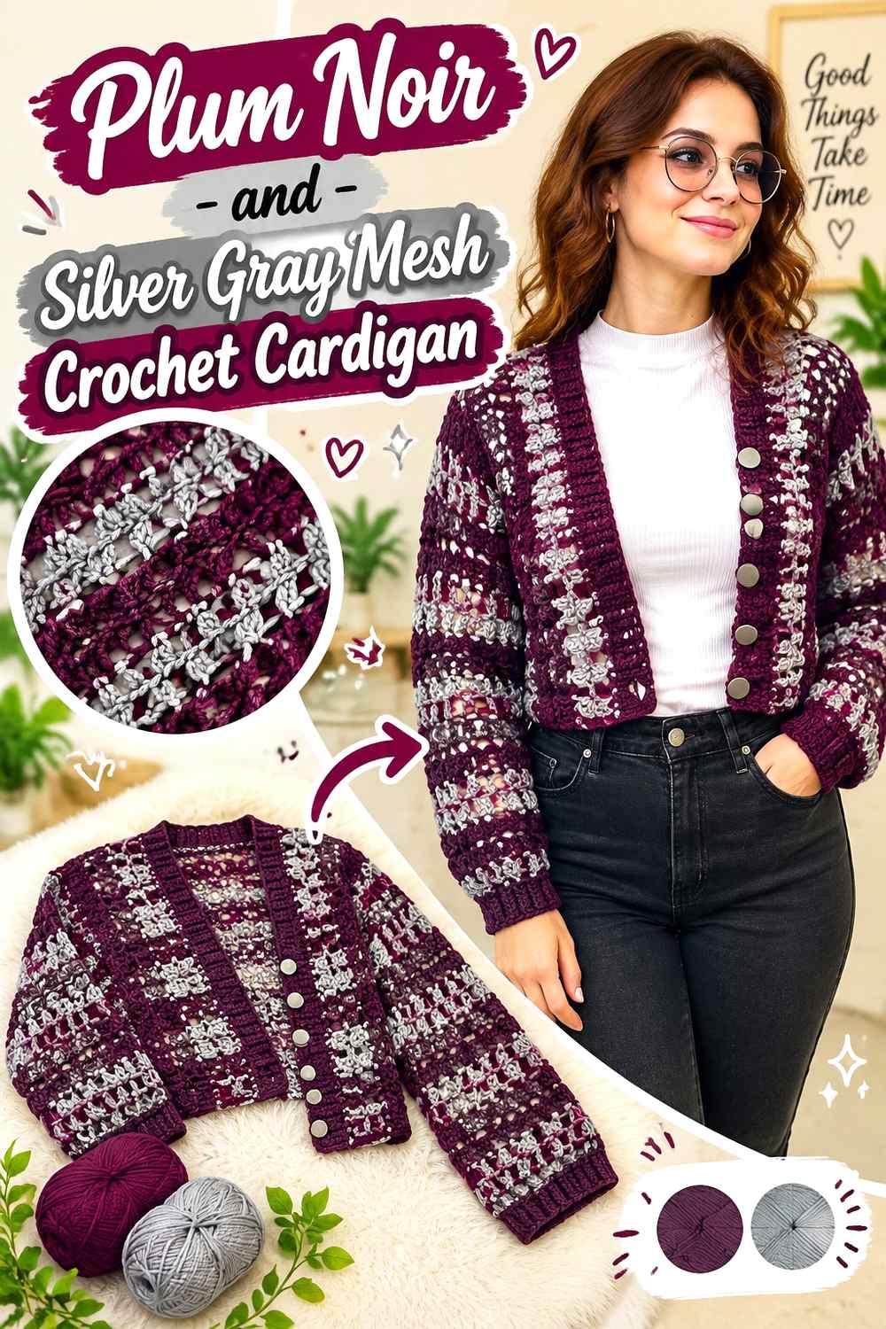 4. Plum Noir And Silver Gray Mesh Crochet Cardigan