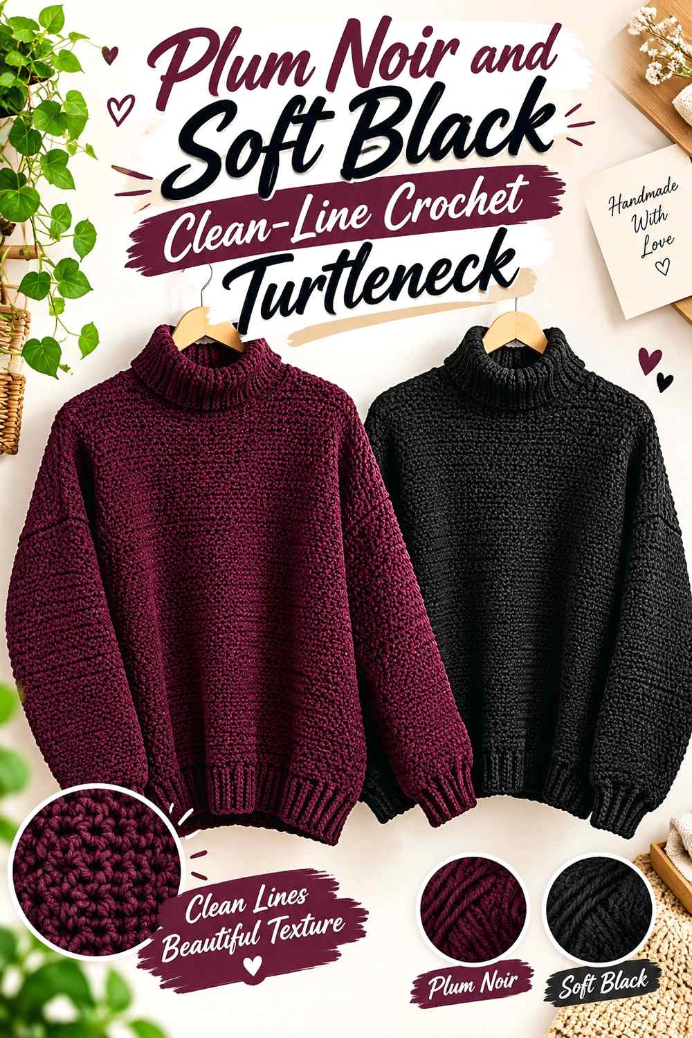 4. Plum Noir And Soft Black Clean Line Crochet Turtleneck