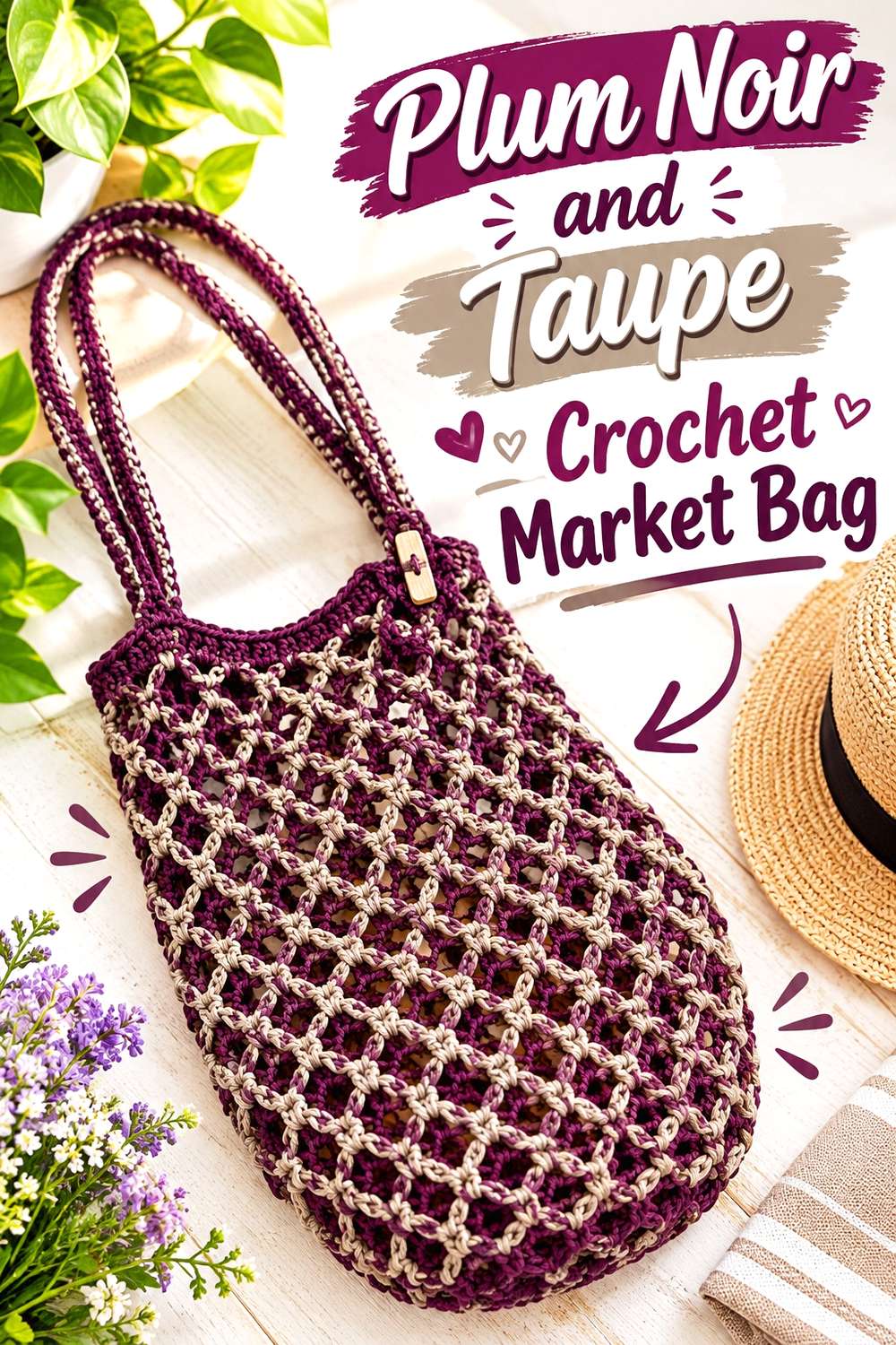 16. Plum Noir And Taupe Crochet Market Bag