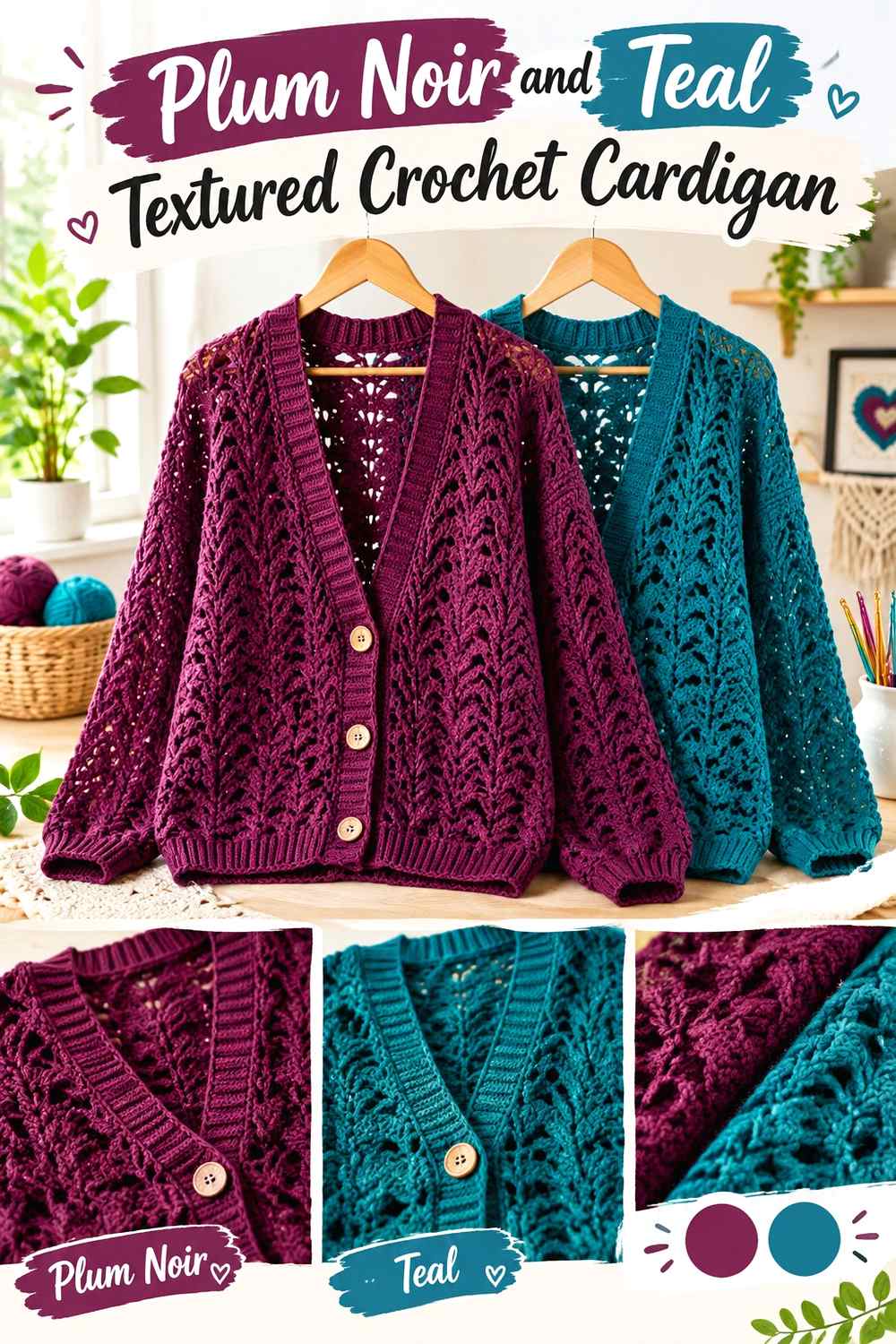 13. Plum Noir And Teal Textured Crochet Cardigan