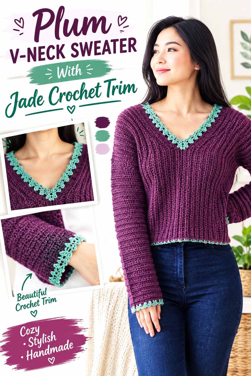 21. Plum V Neck Sweater With Jade Crochet Trim
