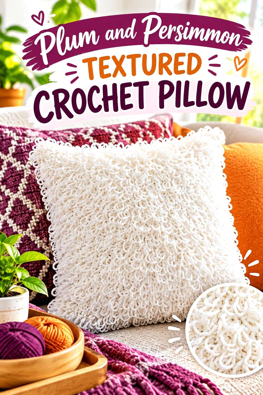 Plum and Persimmon Textured Crochet Pillow