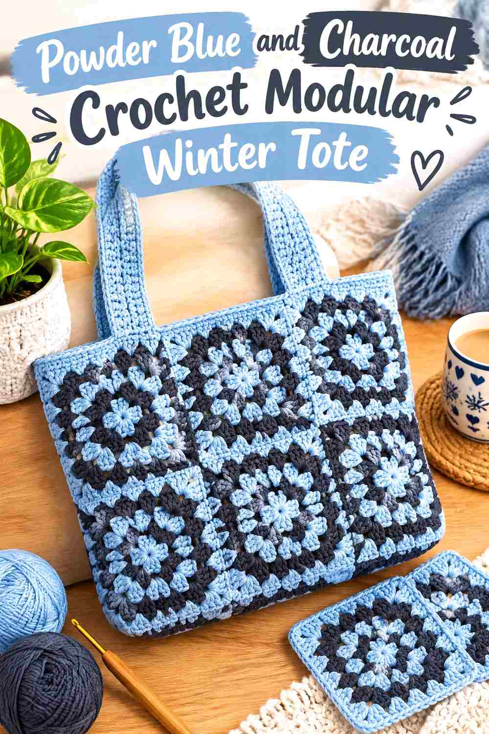 5. Powder Blue And Charcoal Crochet Modular Winter Tote