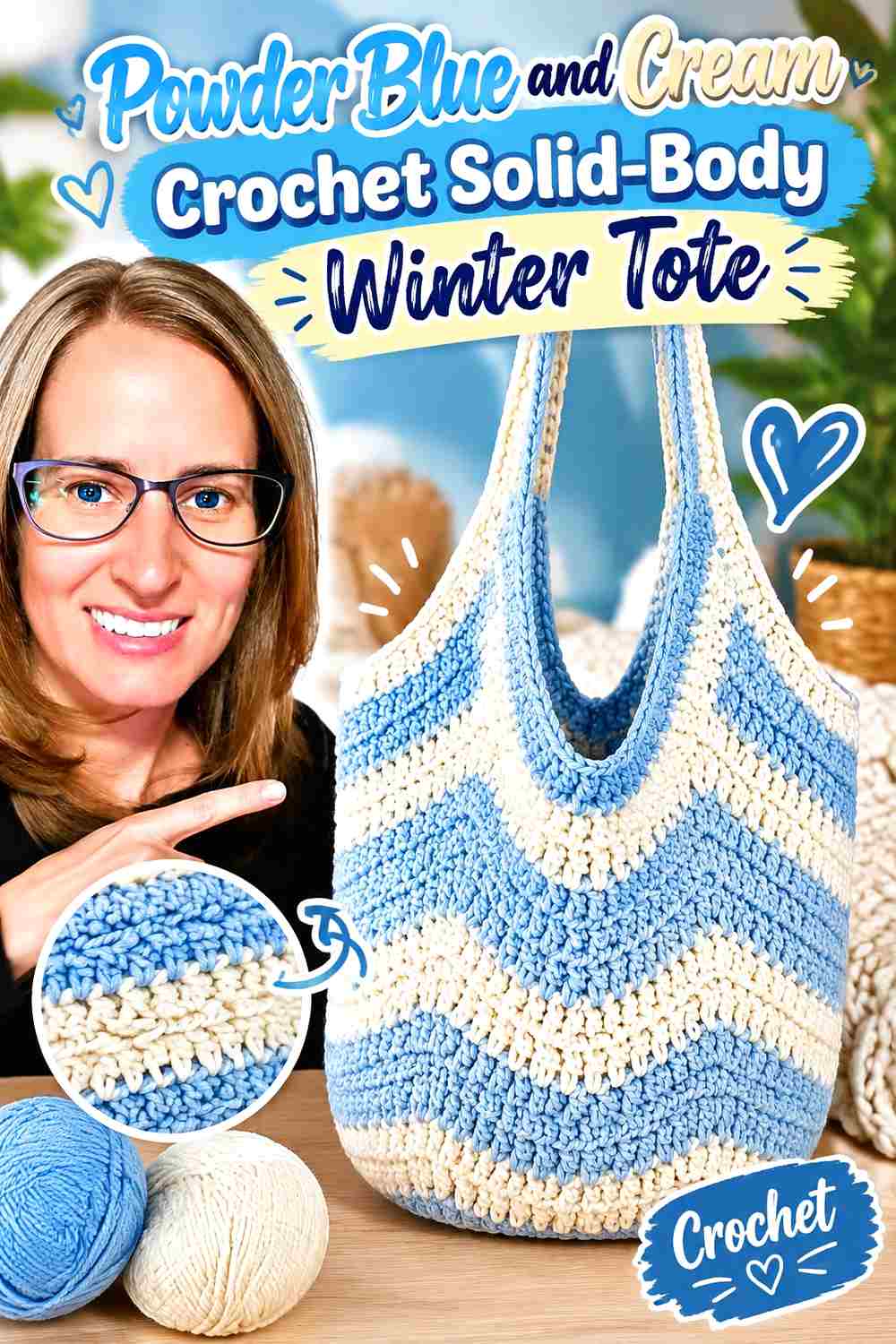 13. Powder Blue And Cream Crochet Solid Body Winter Tote