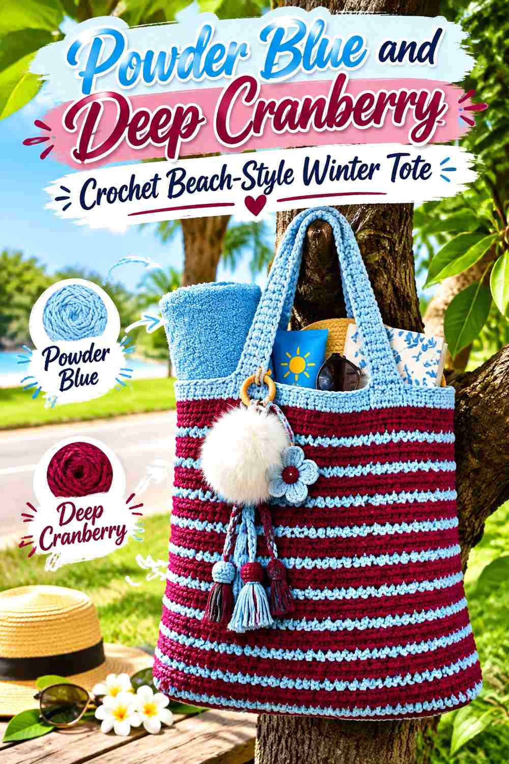 15. Powder Blue And Deep Cranberry Crochet Beach Style Winter Tote