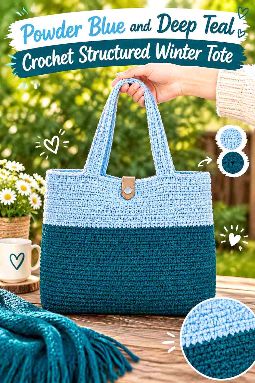 8. Powder Blue And Deep Teal Crochet Structured Winter Tote