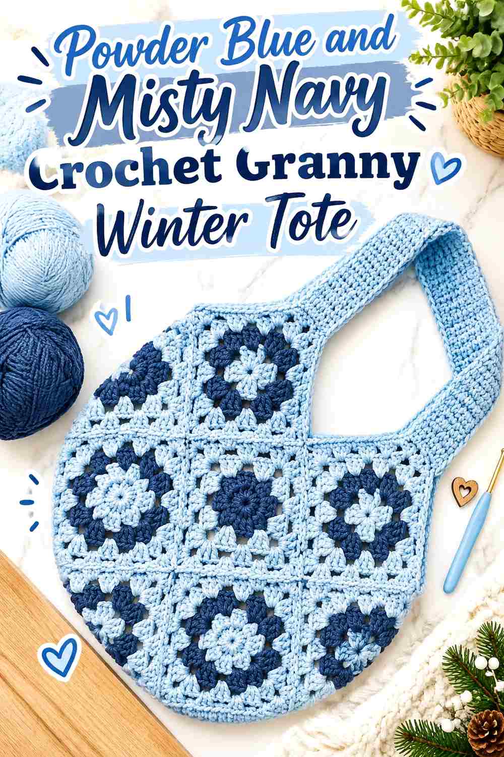 11. Powder Blue And Misty Navy Crochet Granny Winter Tote