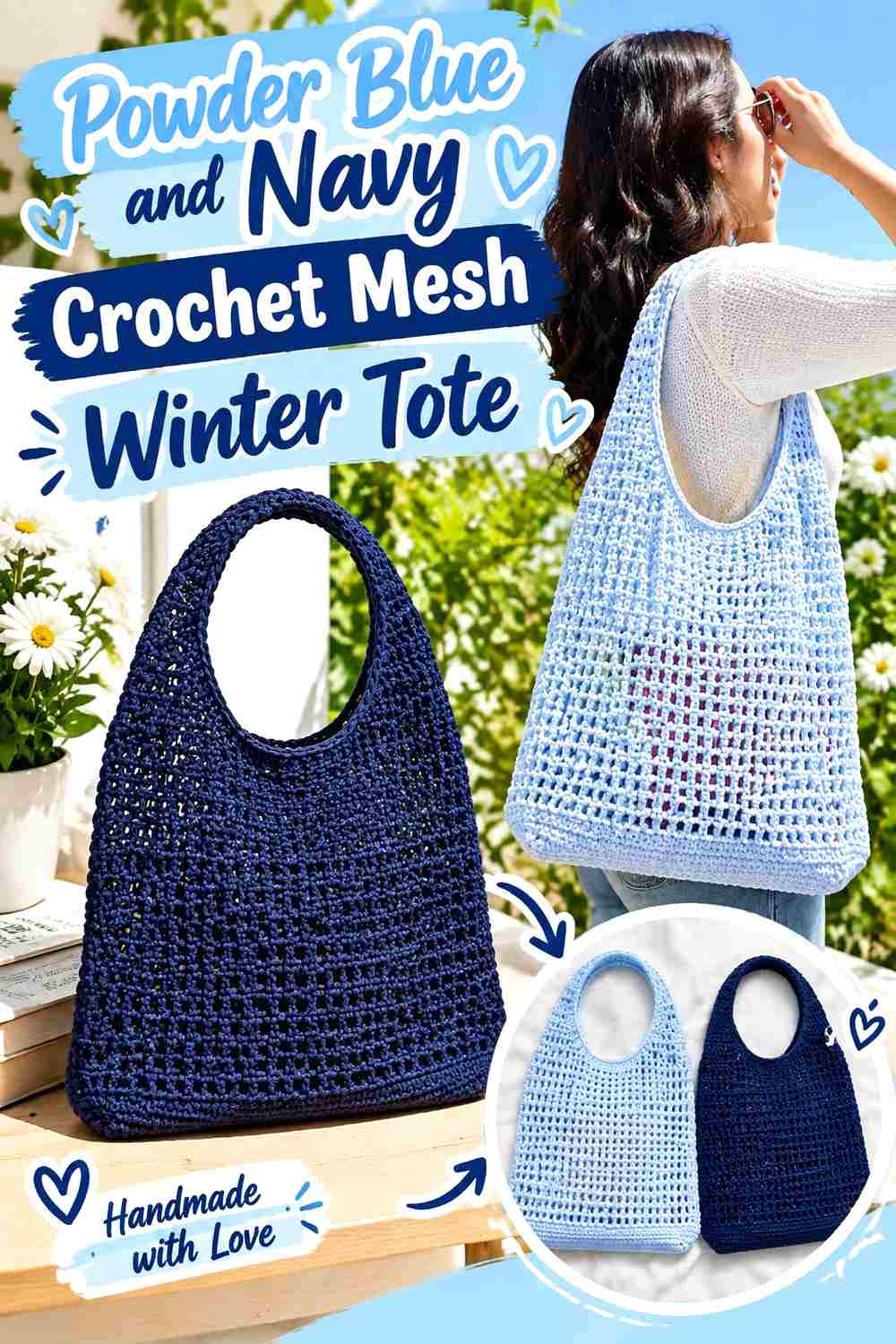 3. Powder Blue And Navy Crochet Mesh Winter Tote