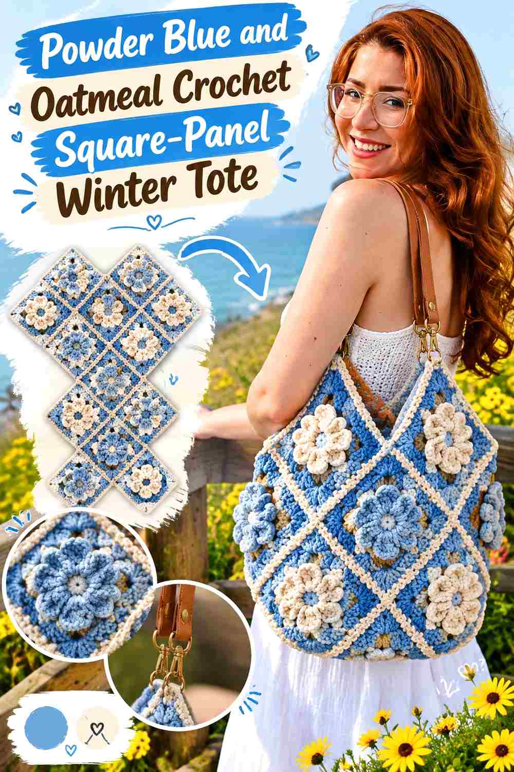 7. Powder Blue And Oatmeal Crochet Square Panel Winter Tote