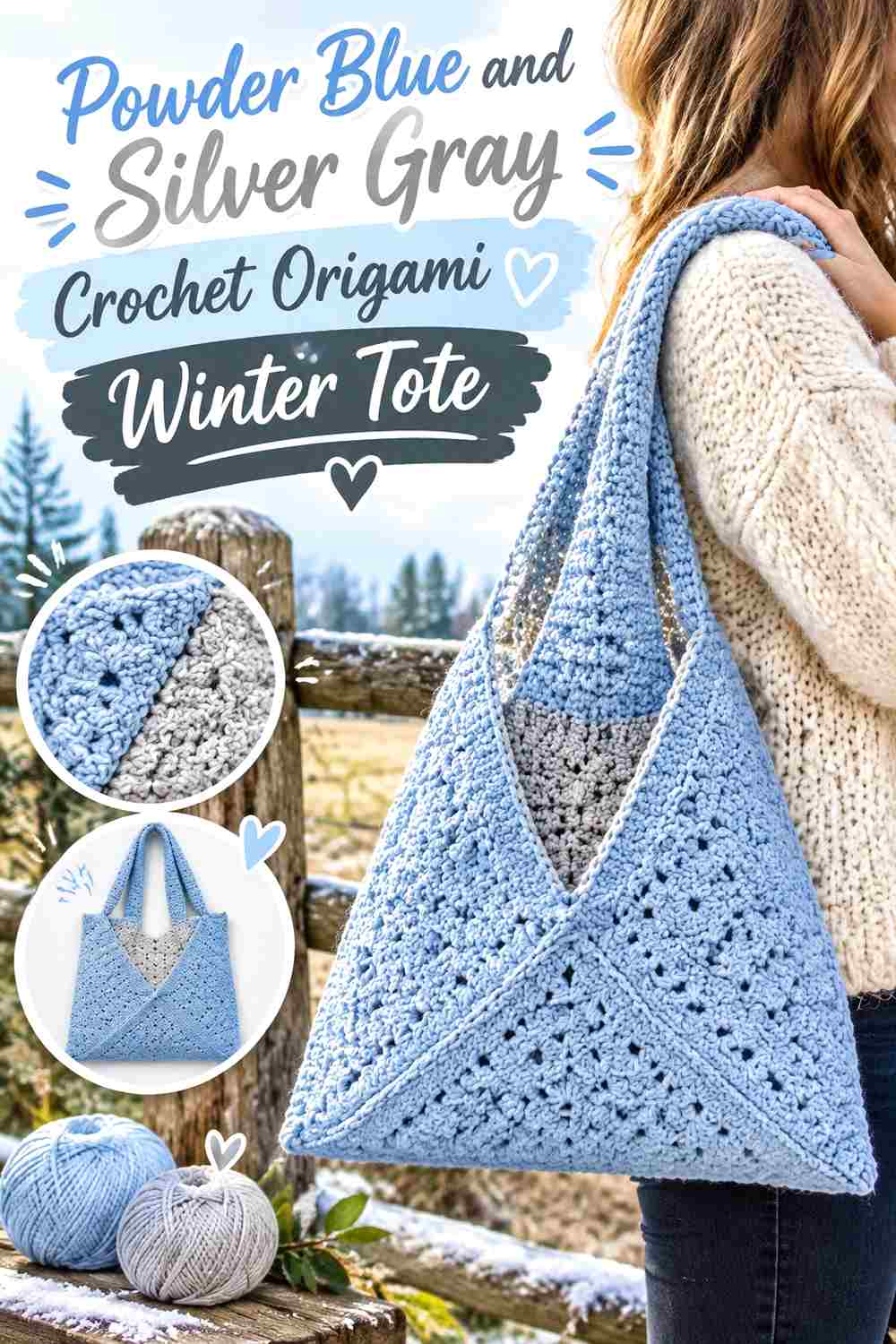 2. Powder Blue And Silver Gray Crochet Origami Winter Tote