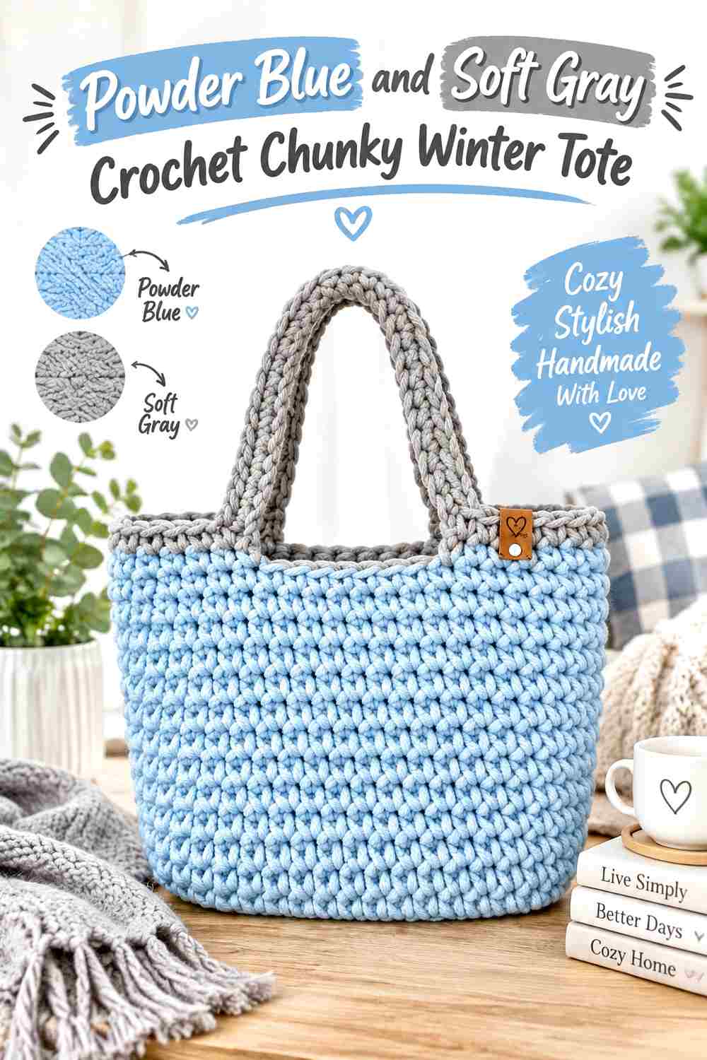 9. Powder Blue And Soft Gray Crochet Chunky Winter Tote