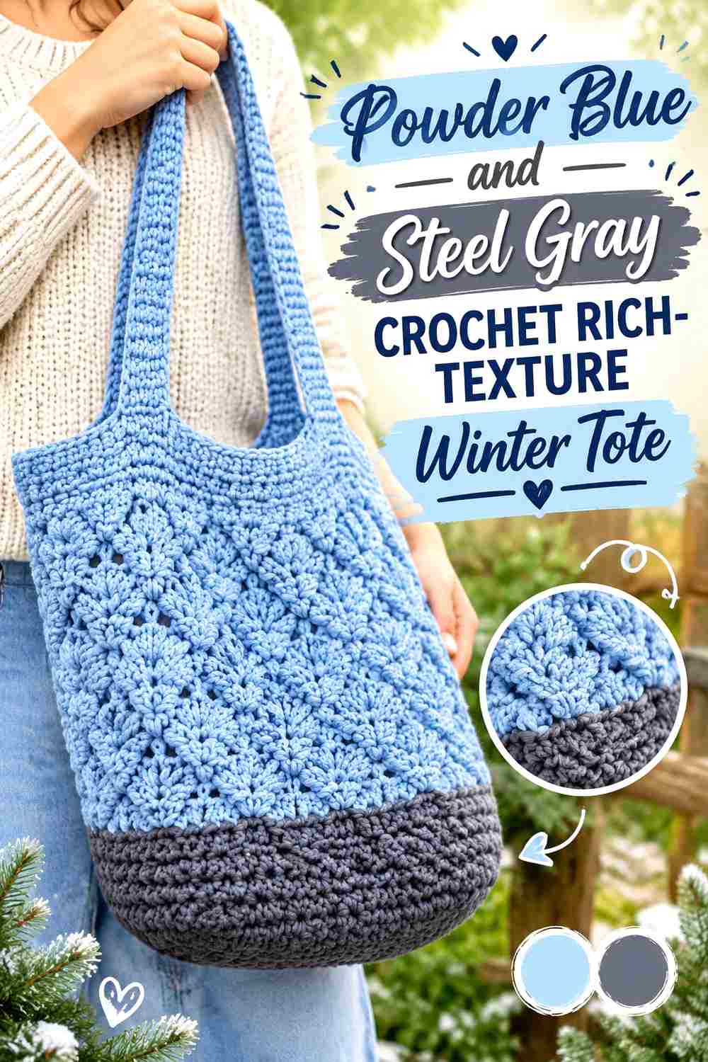 14. Powder Blue And Steel Gray Crochet Rich Texture Winter Tote