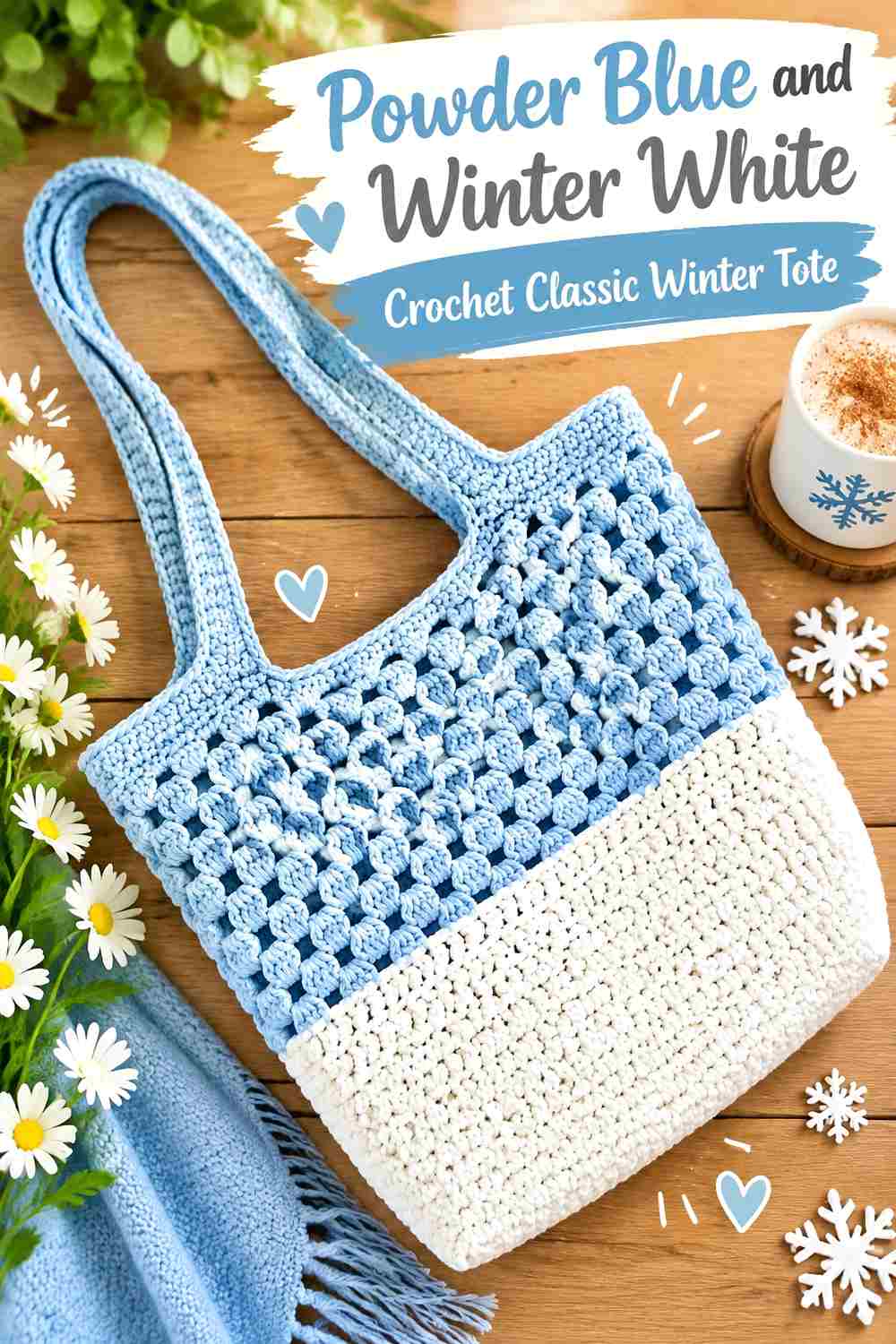 1. Powder Blue And Winter White Crochet Classic Winter Tote