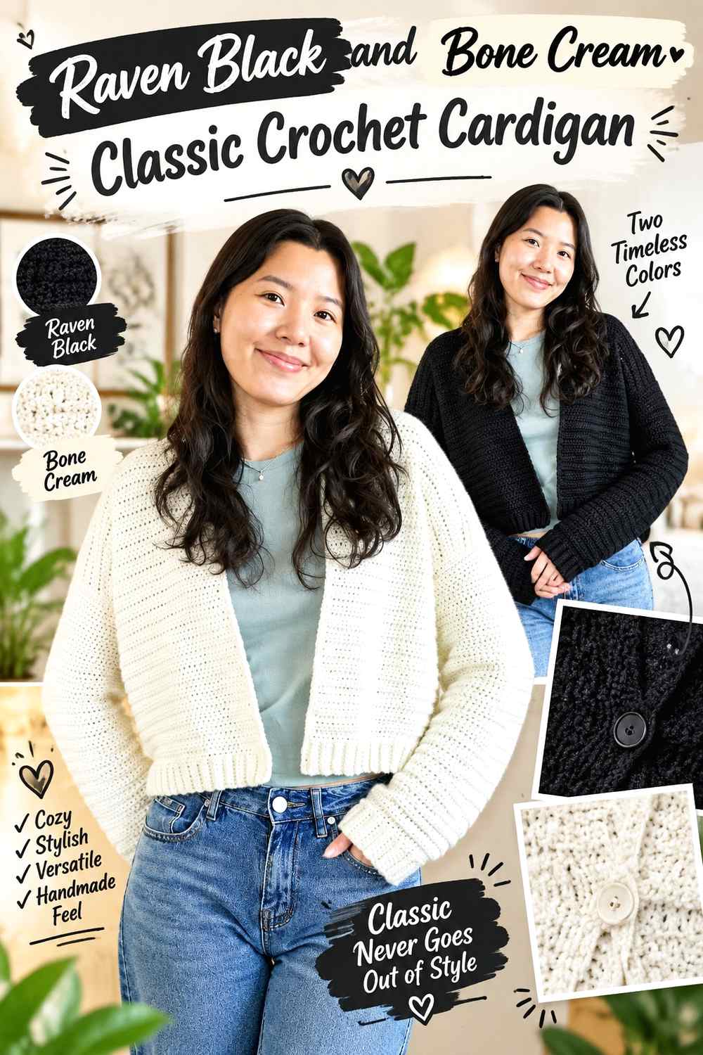 1. Raven Black And Bone Cream Classic Crochet Cardigan