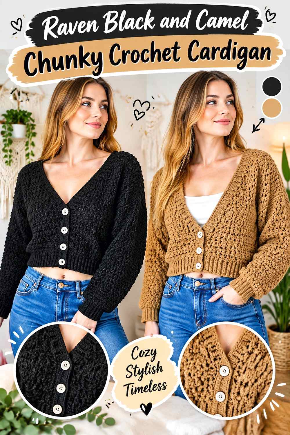 13. Raven Black And Camel Chunky Crochet Cardigan