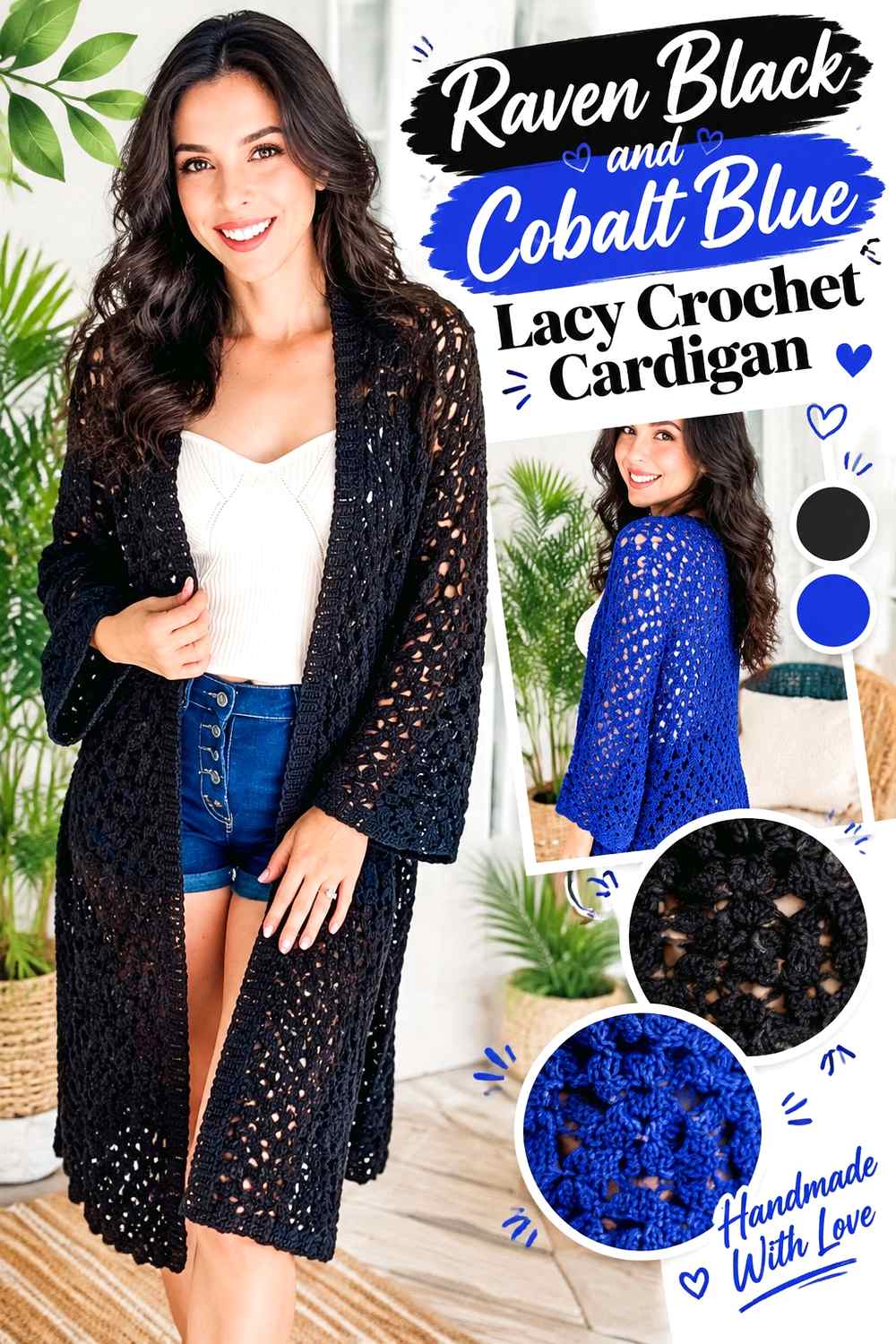 10. Raven Black And Cobalt Blue Lacy Crochet Cardigan