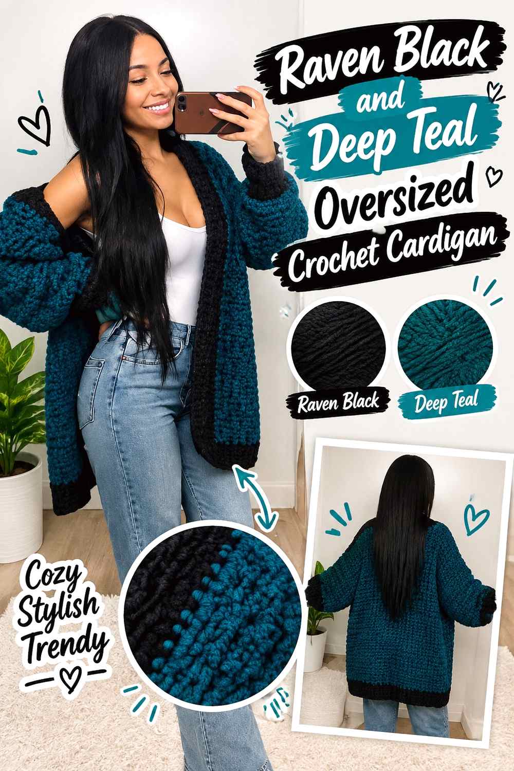 7. Raven Black And Deep Teal Oversized Crochet Cardigan