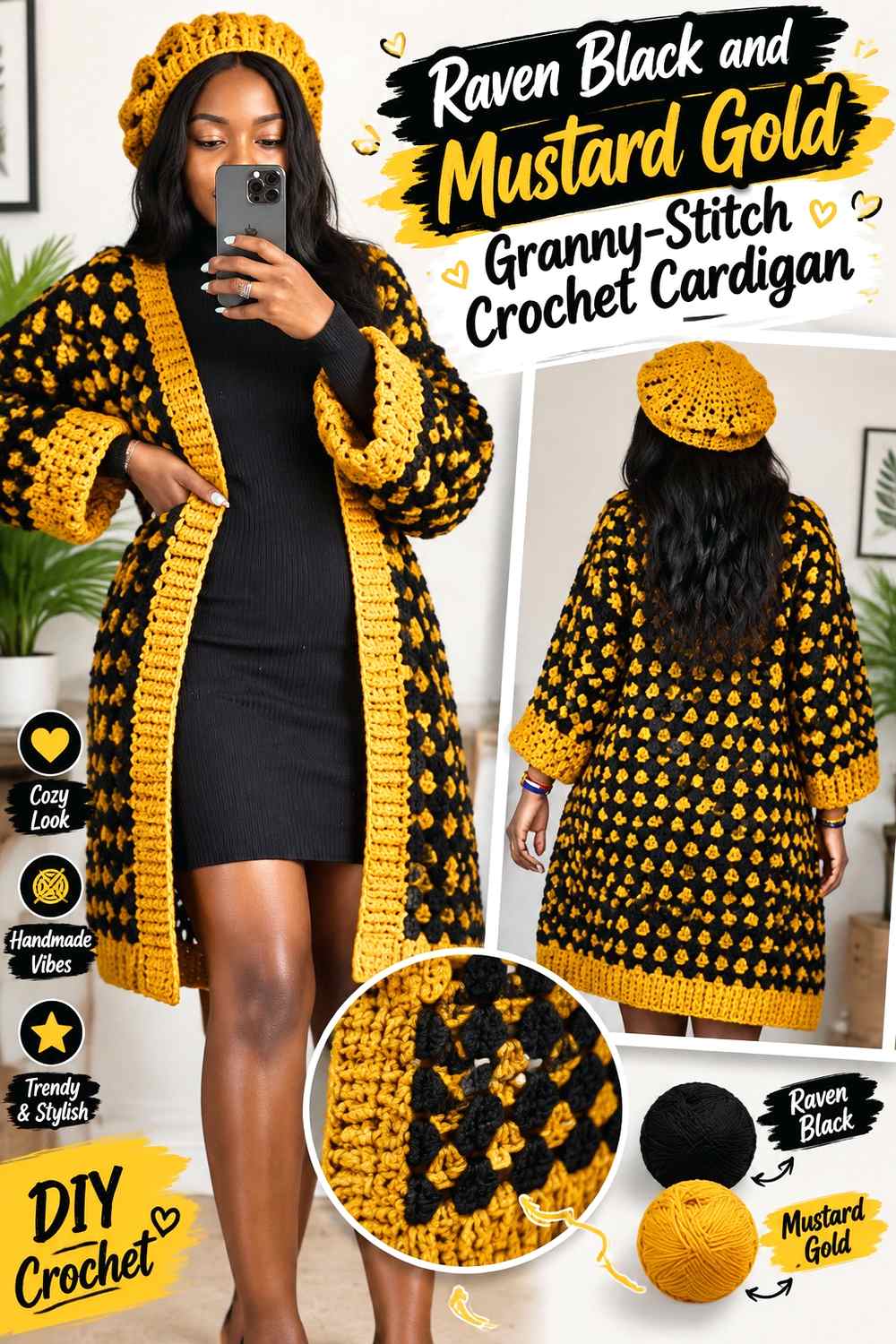 5. Raven Black And Mustard Gold Granny Stitch Crochet Cardigan