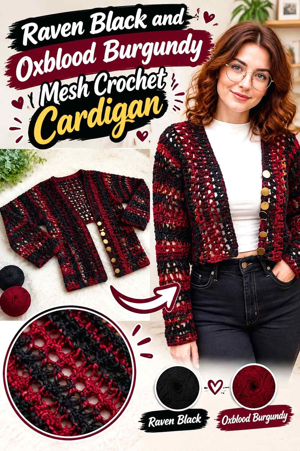 2. Raven Black And Oxblood Burgundy Mesh Crochet Cardigan