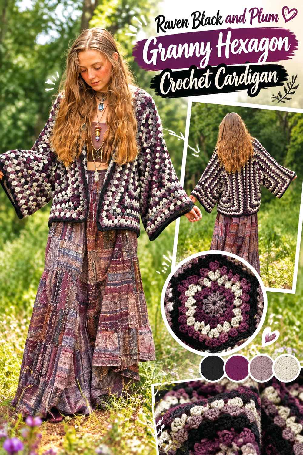 12. Raven Black And Plum Granny Hexagon Crochet Cardigan