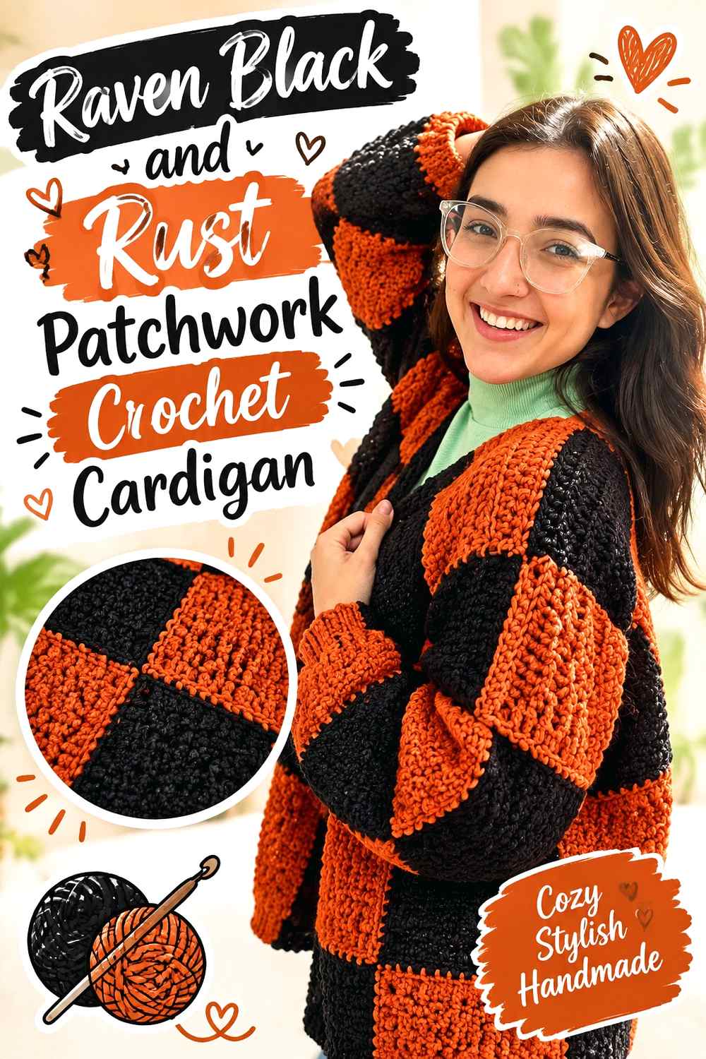 9. Raven Black And Rust Patchwork Crochet Cardigan