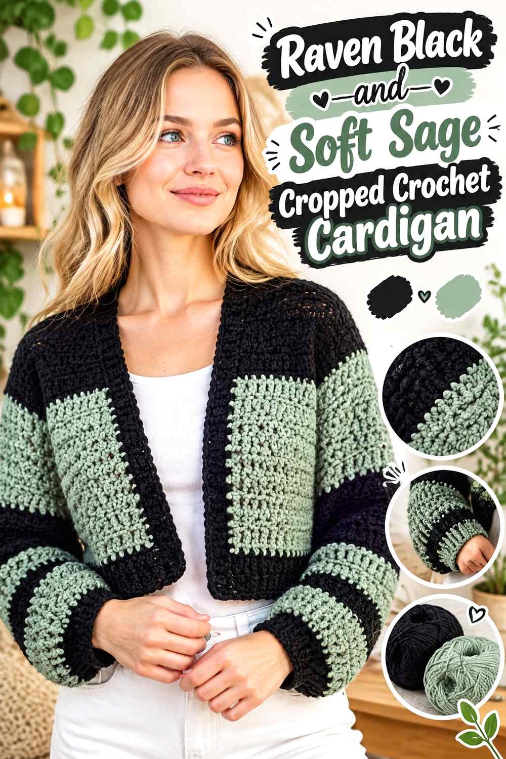 14. Raven Black And Soft Sage Cropped Crochet Cardigan
