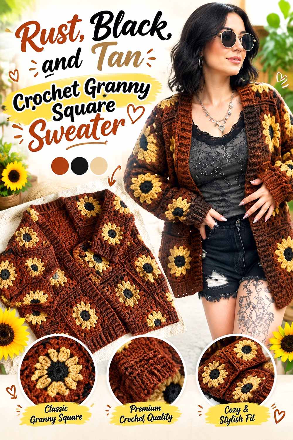 12. Rust Black And Tan Crochet Granny Square Sweater