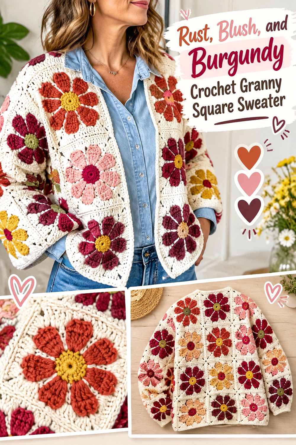 13. Rust Blush And Burgundy Crochet Granny Square Sweater