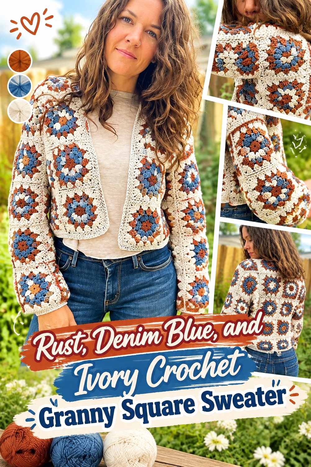 14. Rust Denim Blue And Ivory Crochet Granny Square Sweater