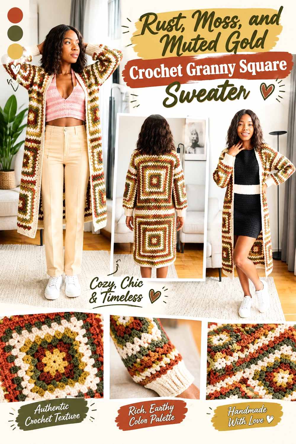 11. Rust Moss And Muted Gold Crochet Granny Square Sweater