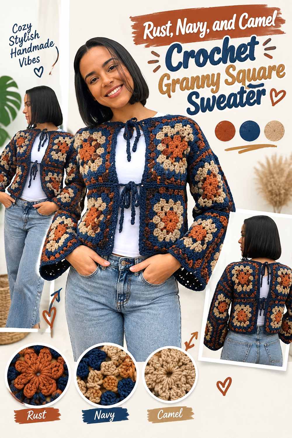 9. Rust Navy And Camel Crochet Granny Square Sweater