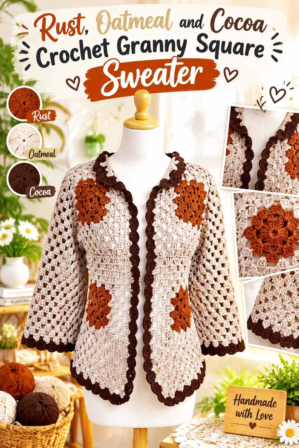 3. Rust Oatmeal And Cocoa Crochet Granny Square Sweater