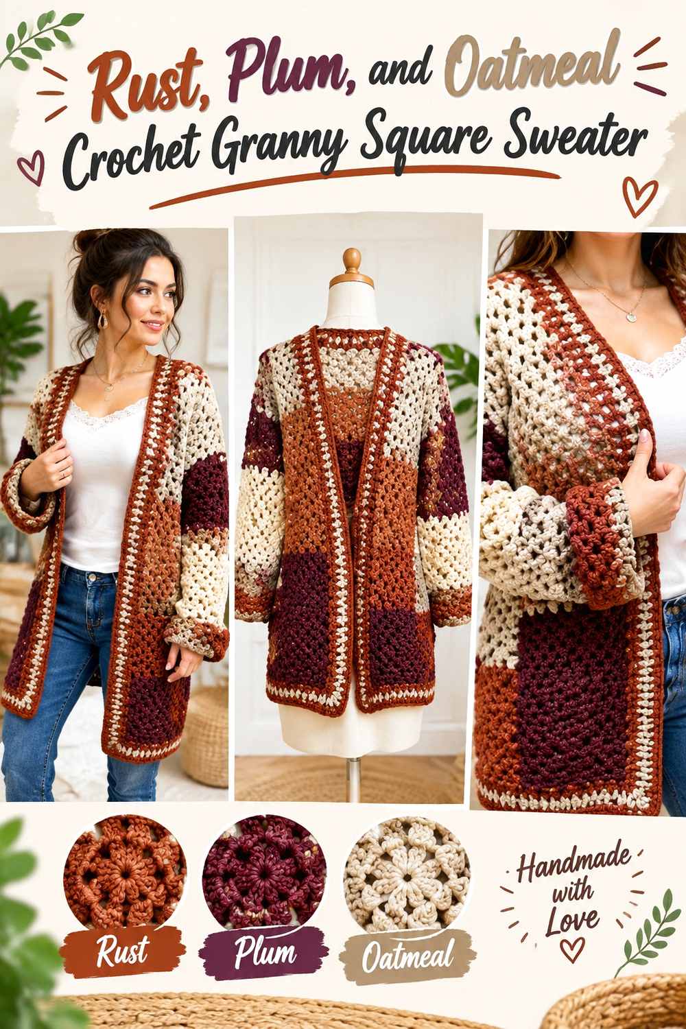 10. Rust Plum And Oatmeal Crochet Granny Square Sweater