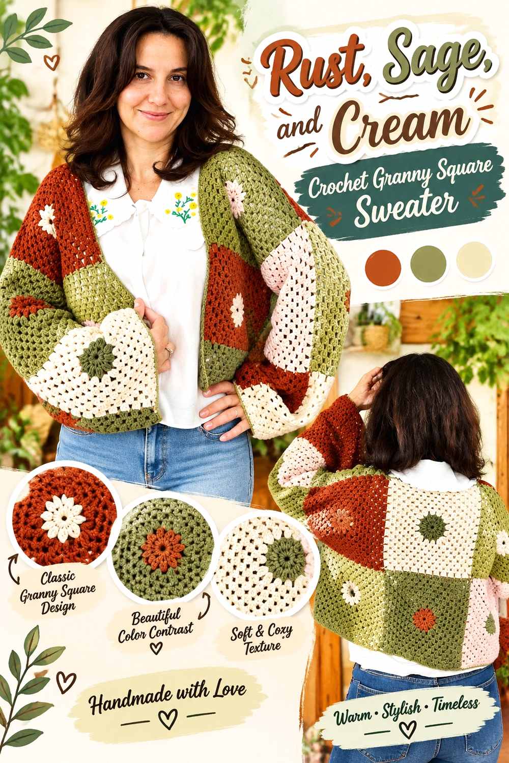 6. Rust Sage And Cream Crochet Granny Square Sweater