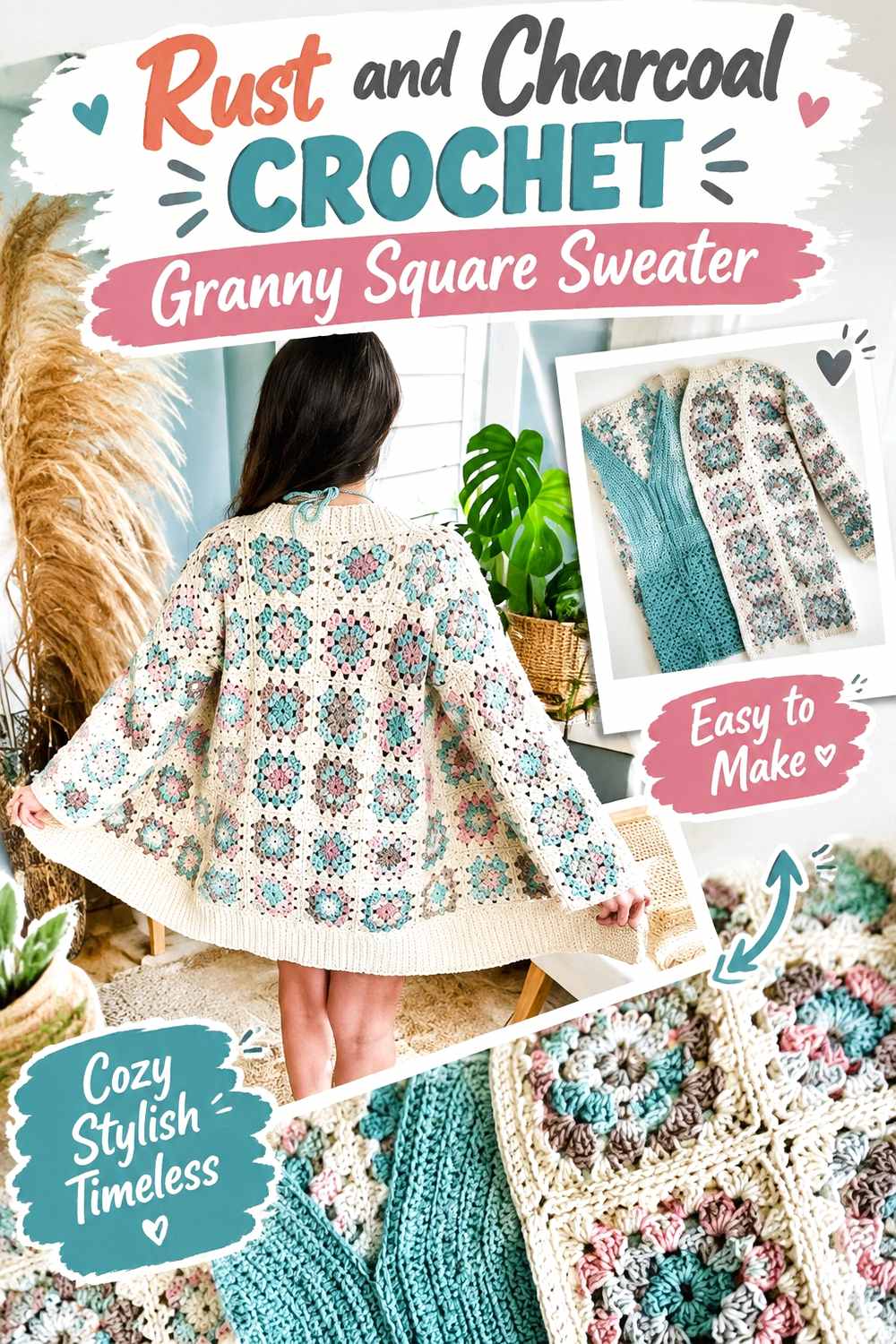 7. Rust And Charcoal Crochet Granny Square Sweater
