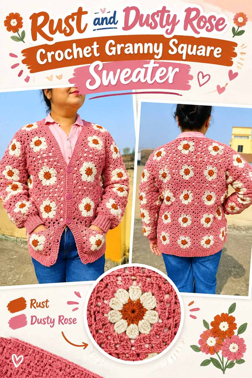 4. Rust And Dusty Rose Crochet Granny Square Sweater