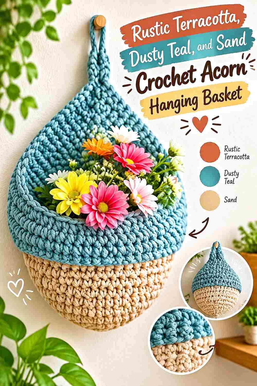 9. Rustic Terracotta Dusty Teal And Sand Crochet Acorn Hanging Basket