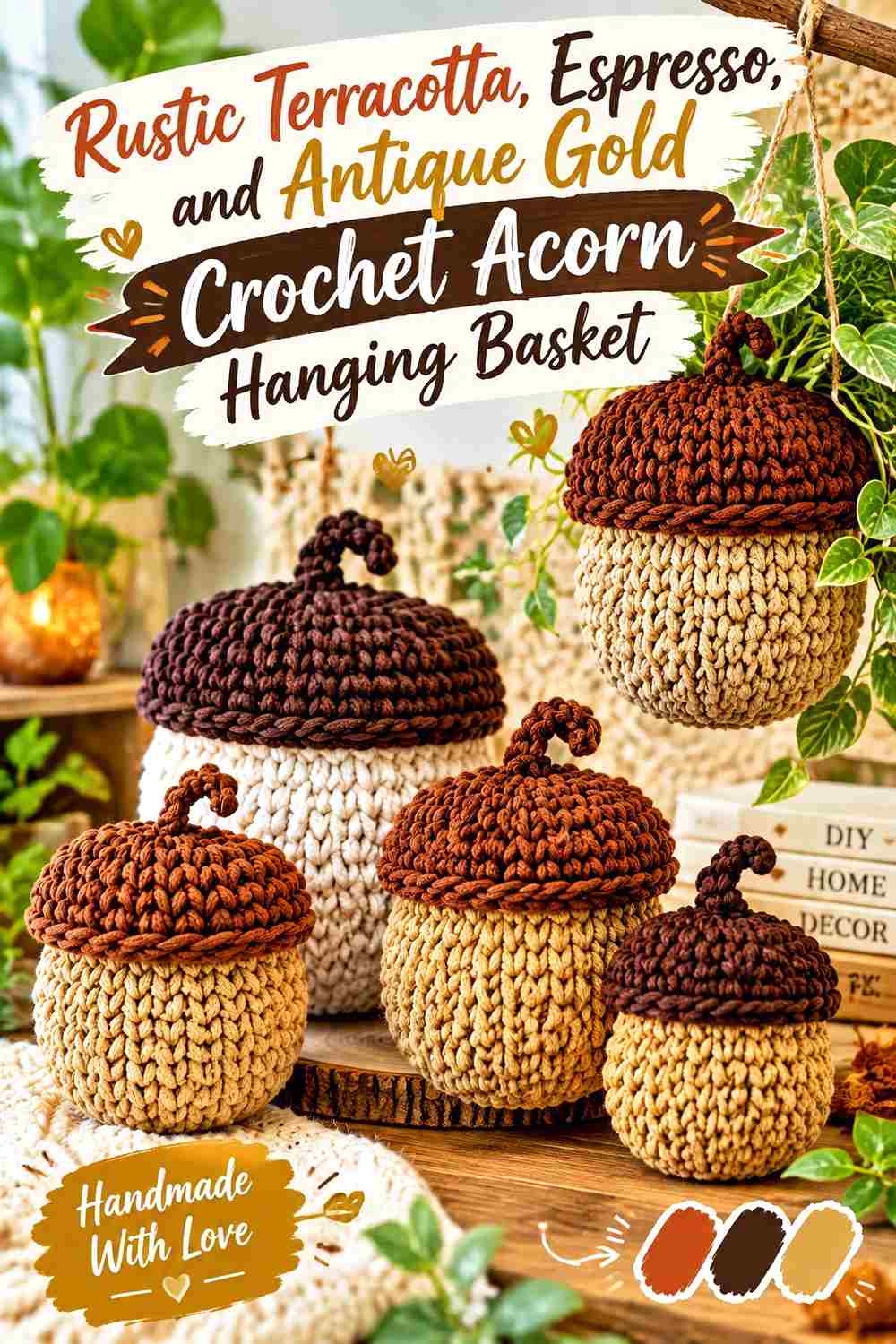 2. Rustic Terracotta Espresso And Antique Gold Crochet Acorn Hanging Basket
