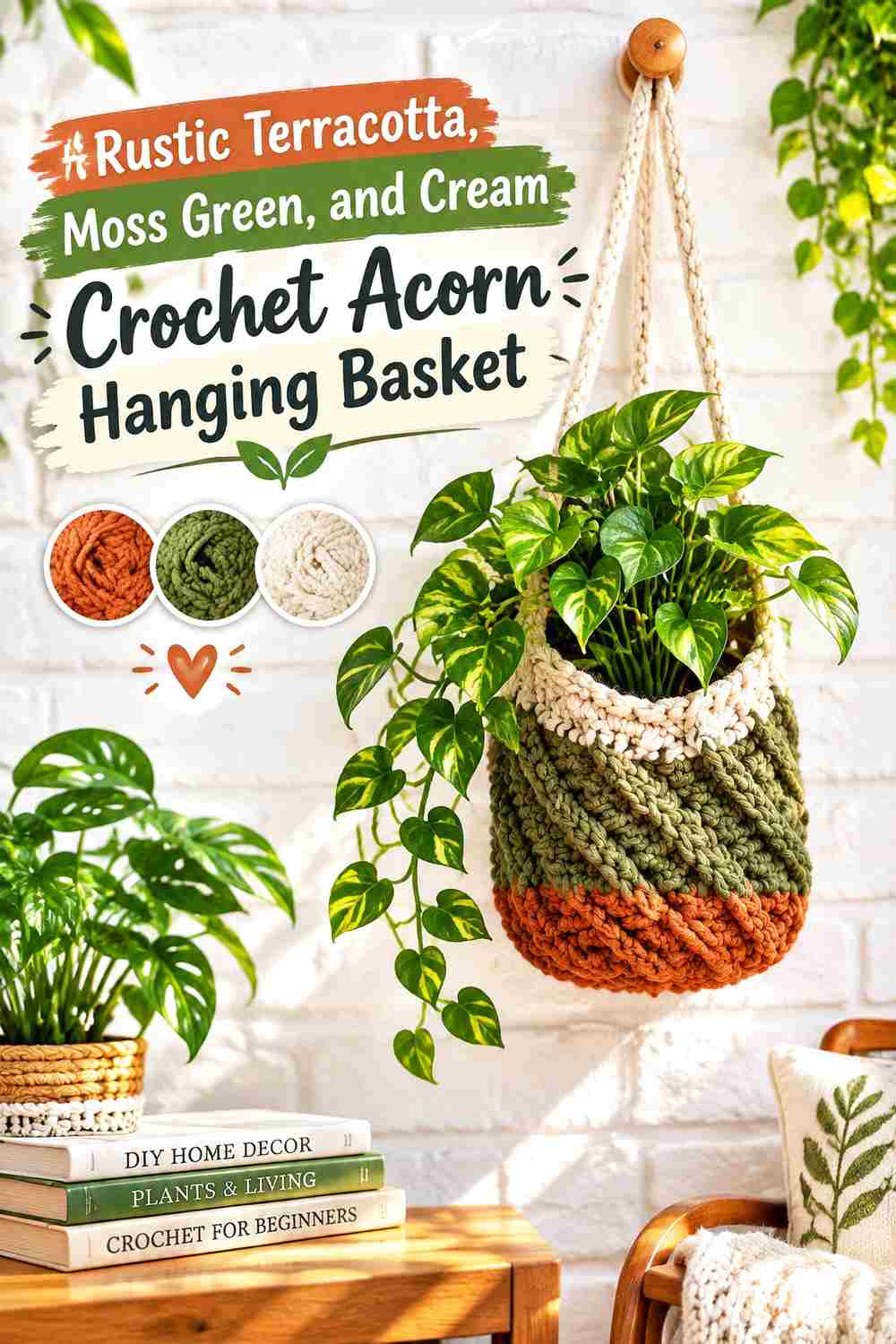 4. Rustic Terracotta Moss Green And Cream Crochet Acorn Hanging Basket