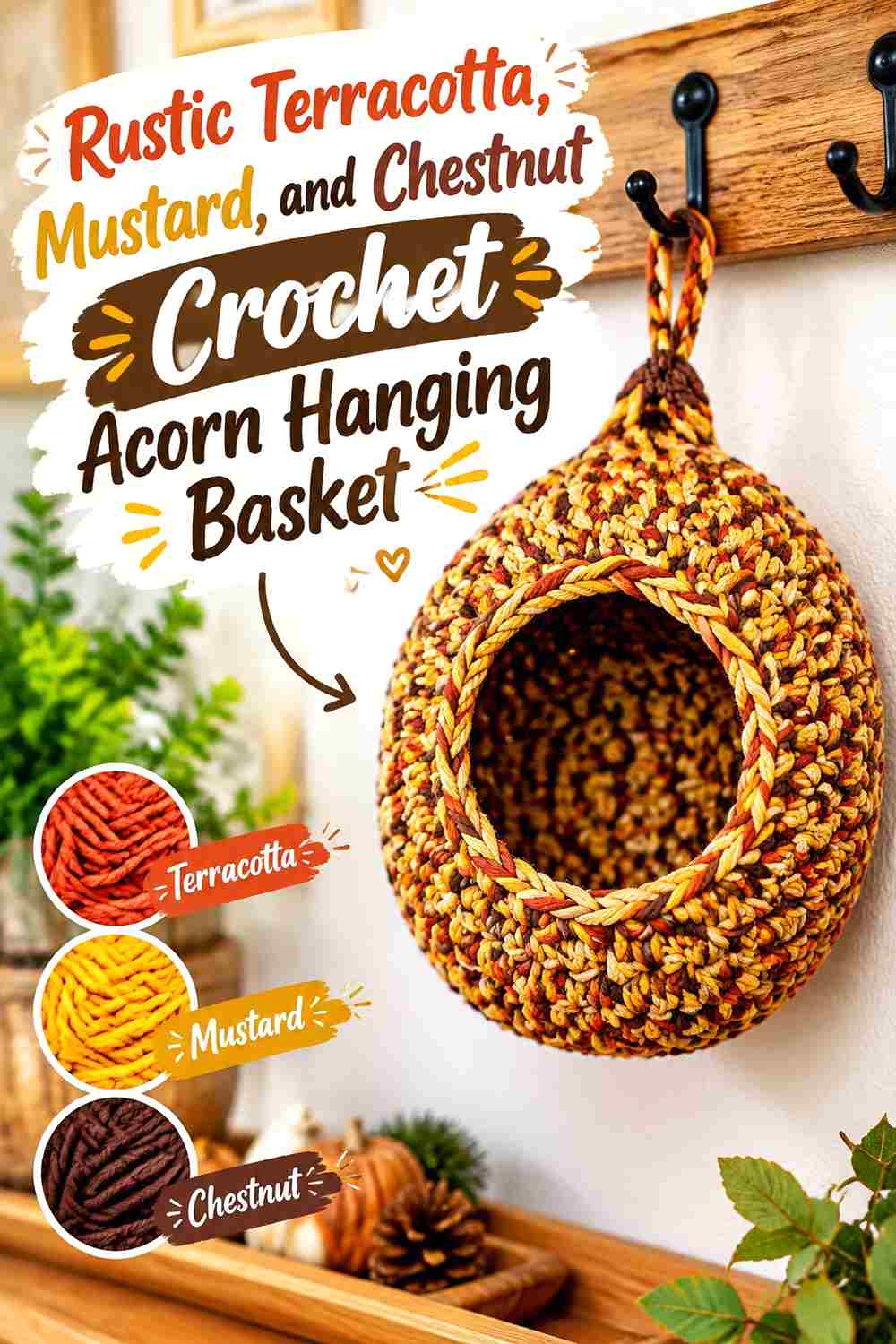 5. Rustic Terracotta Mustard And Chestnut Crochet Acorn Hanging Basket