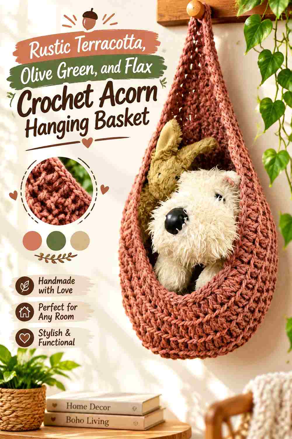 3. Rustic Terracotta Olive Green And Flax Crochet Acorn Hanging Basket