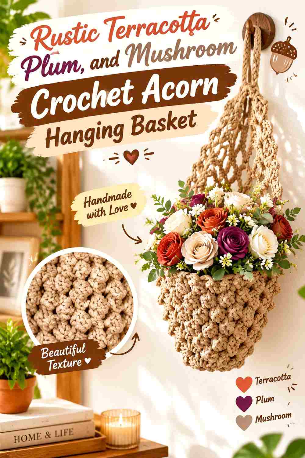 11. Rustic Terracotta Plum And Mushroom Crochet Acorn Hanging Basket