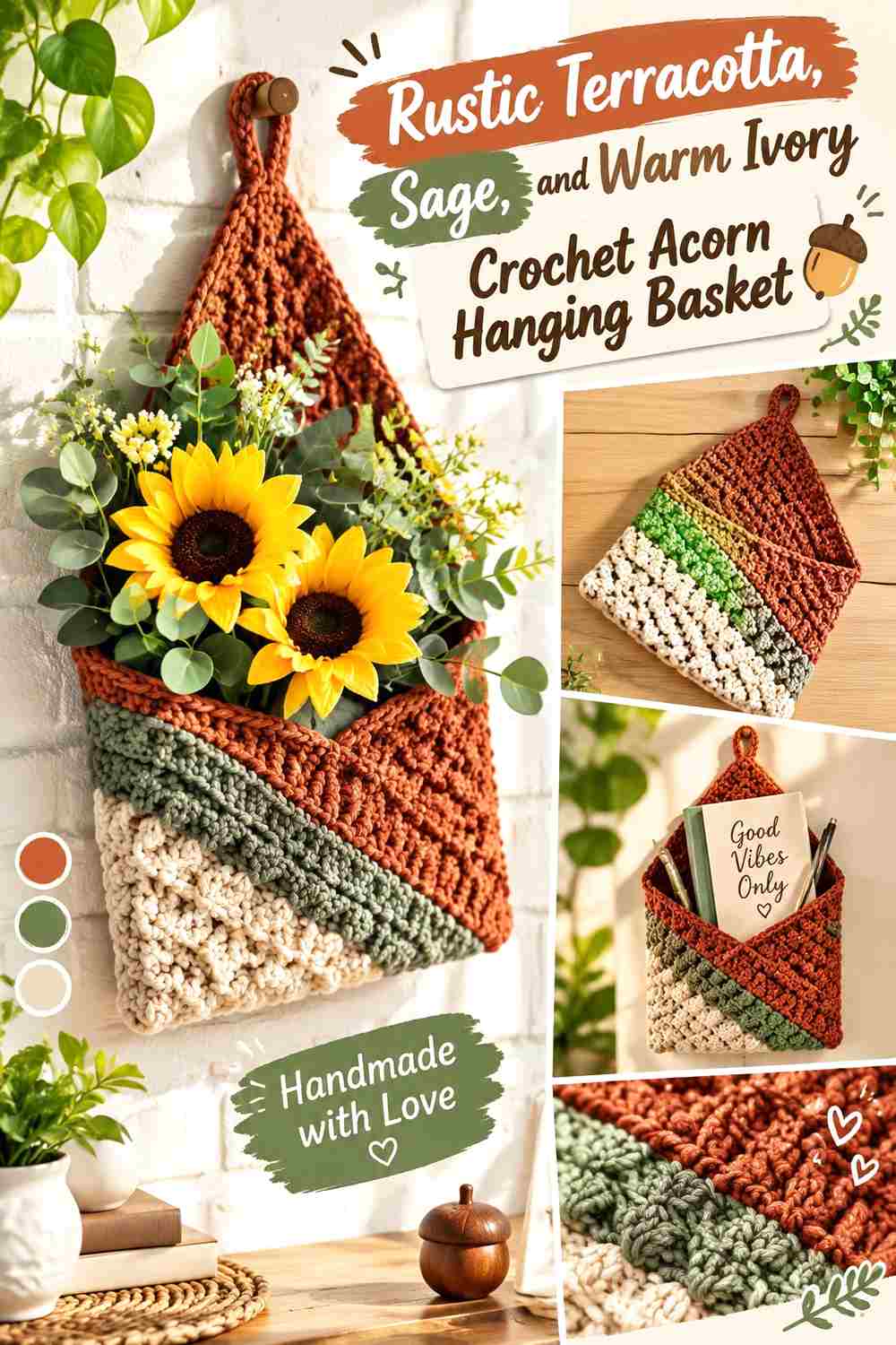 6. Rustic Terracotta Sage And Warm Ivory Crochet Acorn Hanging Basket
