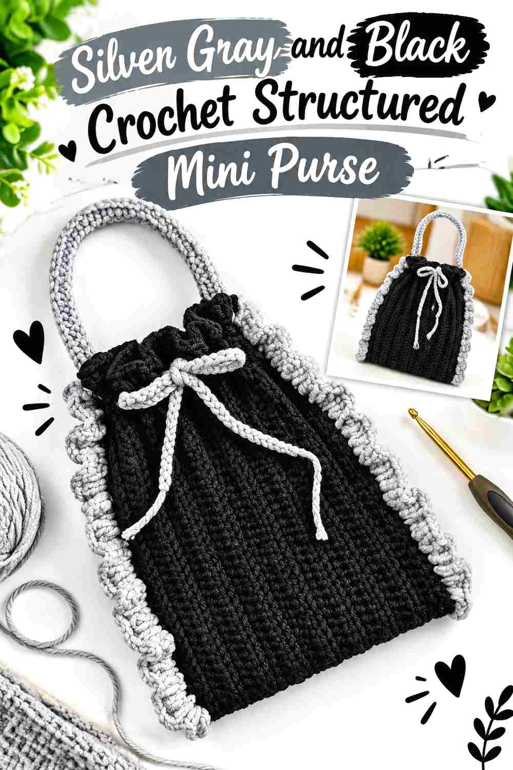 13. Silver Gray And Black Crochet Structured Mini Purse