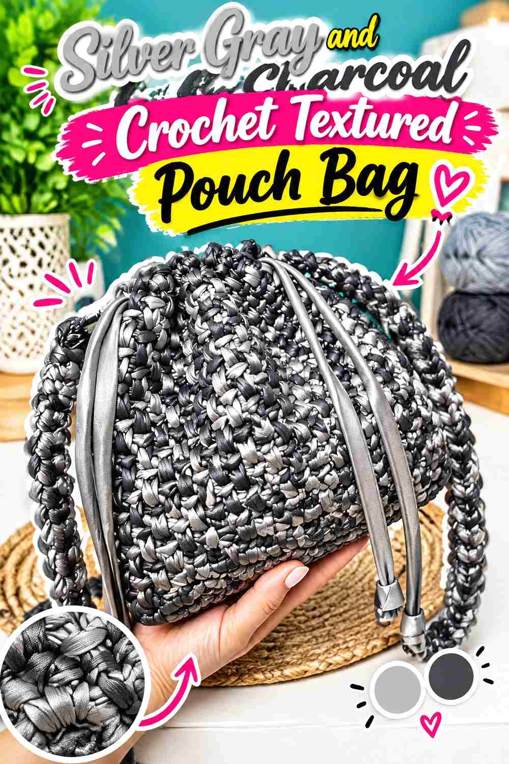 7. Silver Gray And Charcoal Crochet Textured Pouch Bag