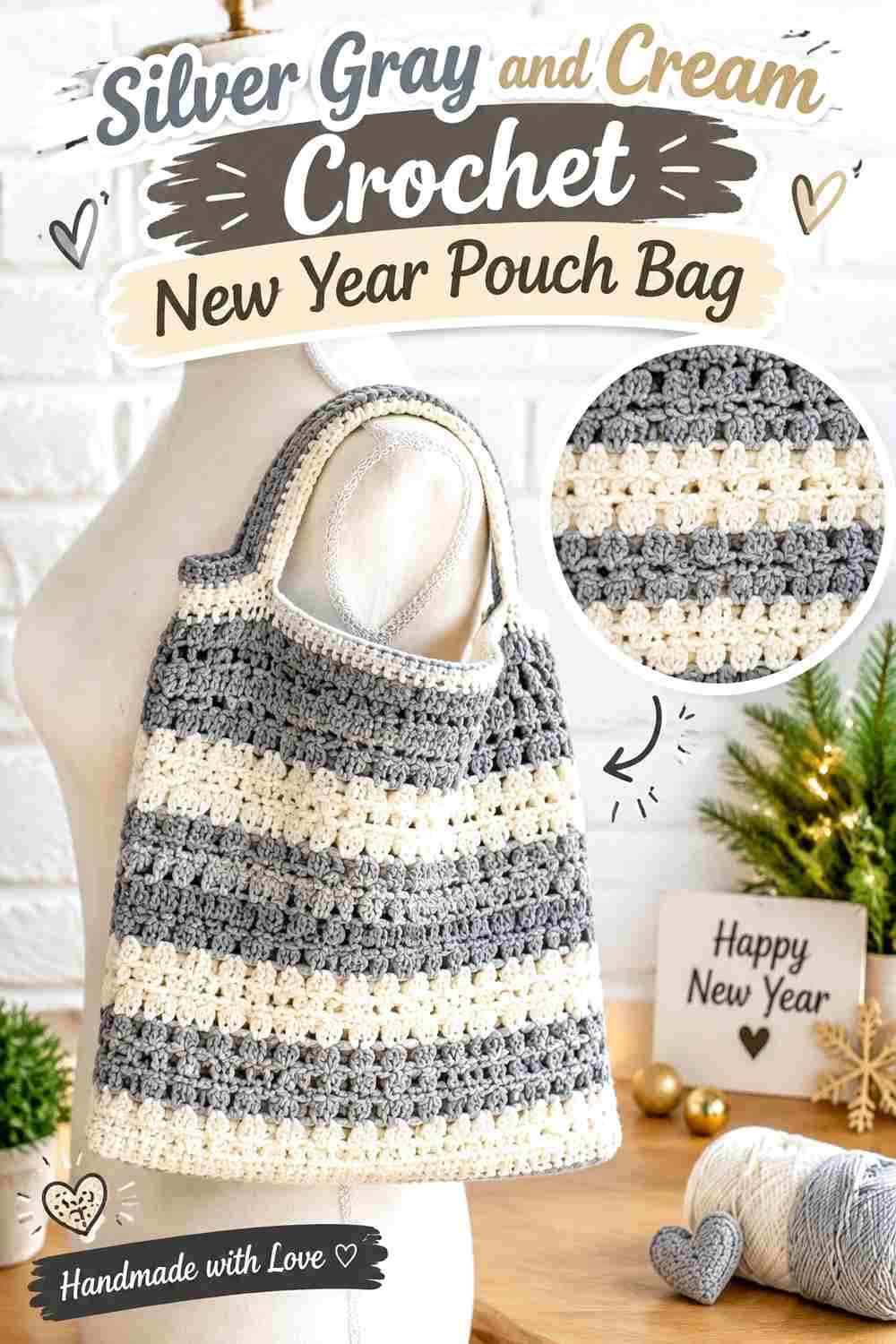 16. Silver Gray And Cream Crochet New Year Pouch Bag